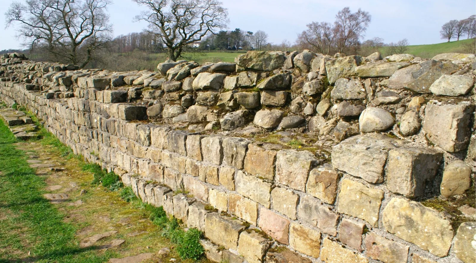 Close view of the coursed Roman masonry of Hadrian's Wall with bare trees behind