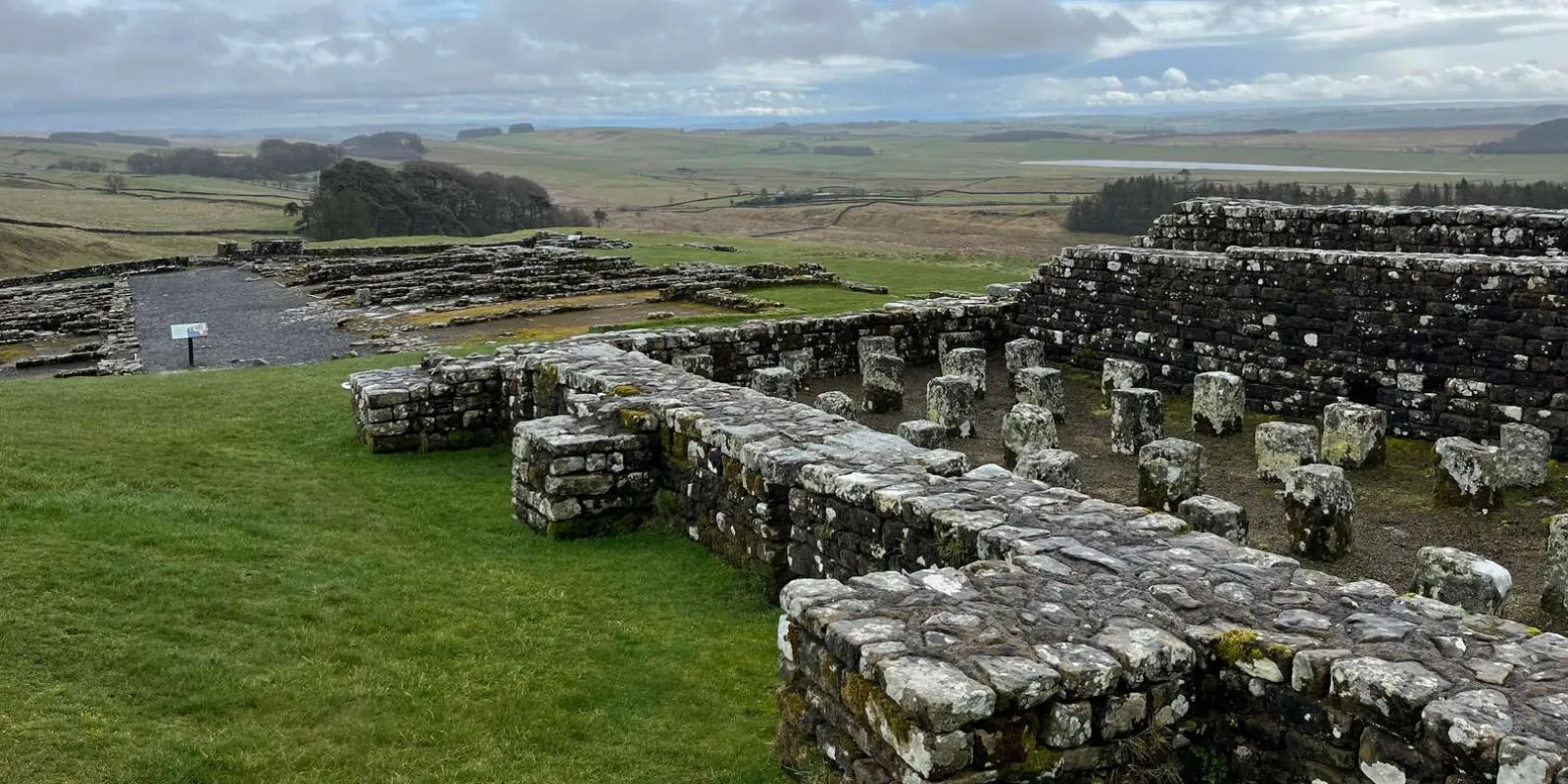 Standing walls of the Roman fort at Housesteads on the escarpment
